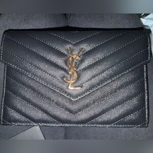 Saint Laurent Black Leather Chain Wallet with Gold Hardware